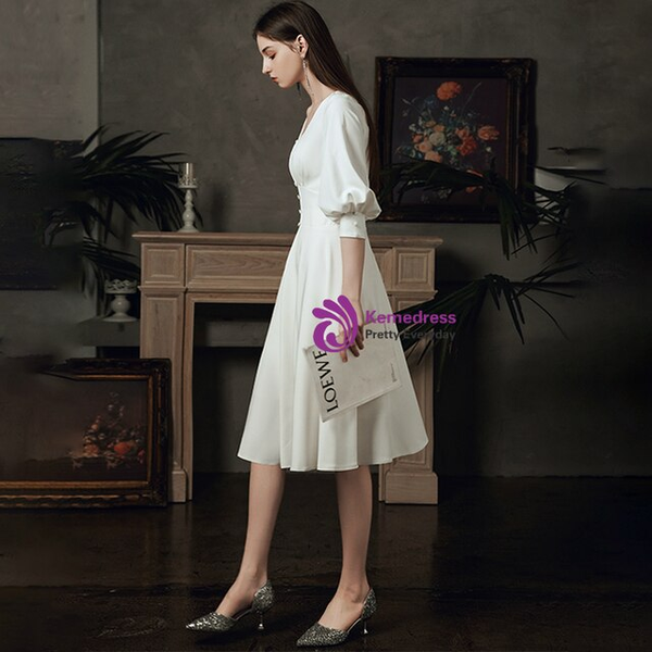 Simple White Satin V-neck Short Sleeve Beach Wedding Dress With Button