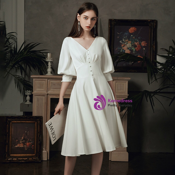 Simple White Satin V-neck Short Sleeve Beach Wedding Dress With Button