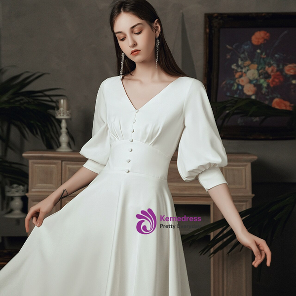 Simple White Satin V-neck Short Sleeve Beach Wedding Dress With Button