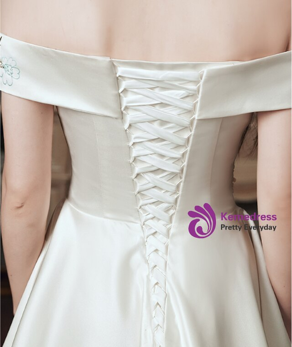 Causal White Satin Off the Shoulder Beading Embroidery Beach Wedding Dress