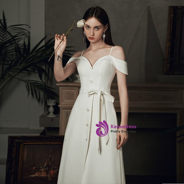 Simple White Satin Spghetti Straps Button Pocket Wedding Dress 
