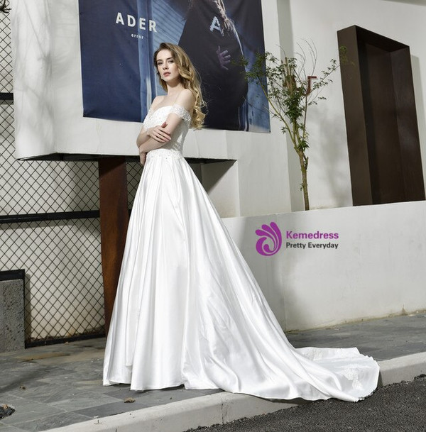 Princess White Ball Gown Satin Off the Shoulder Appliques Beading Wedding Dress