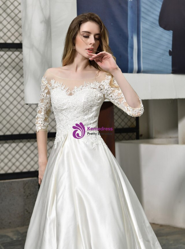 Impressive White Satin 3/4 Sleeve Appliques Beading Wedding Dress With Train