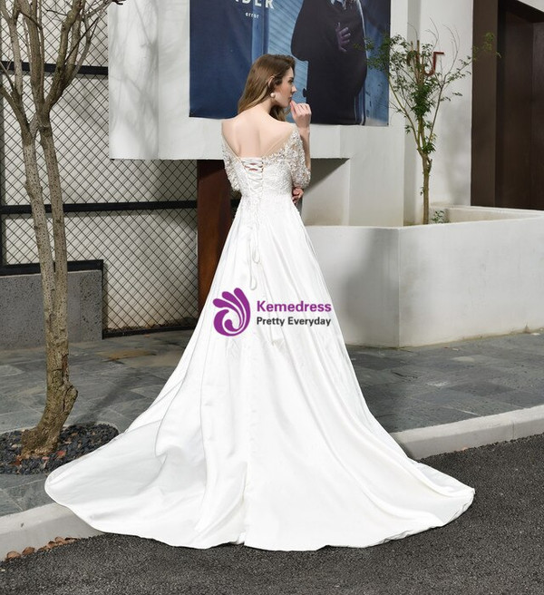 Impressive White Satin 3/4 Sleeve Appliques Beading Wedding Dress With Train