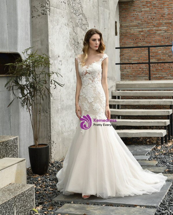 Splendid Light Champagne Mermaid Bateau Tulle Lace Appliques Wedding Dress