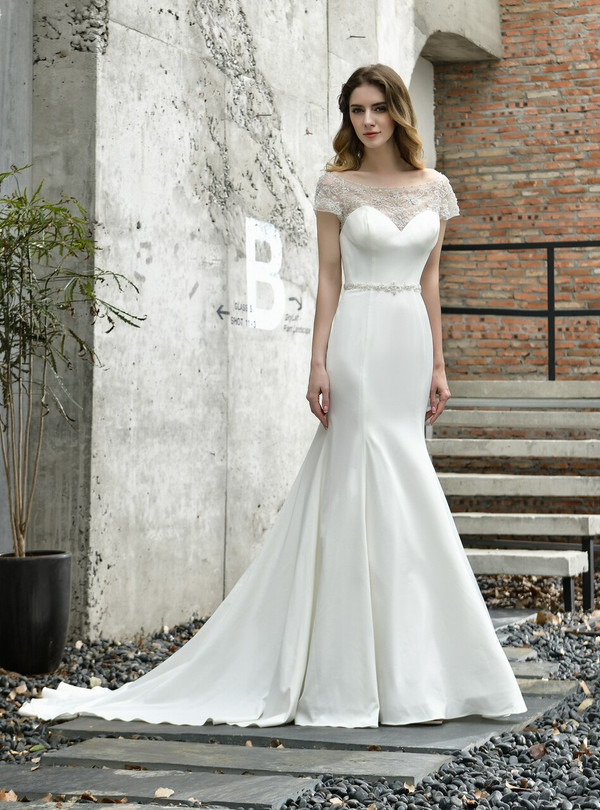 Polished Sexy White Mermaid Satin Bateau Beading Sequins Wedding Dress