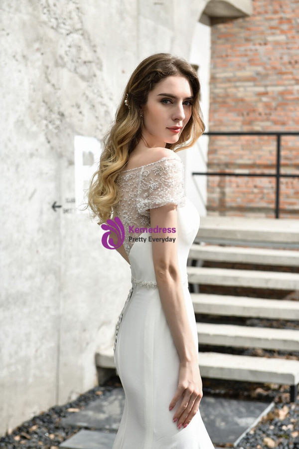 Polished Sexy White Mermaid Satin Bateau Beading Sequins Wedding Dress