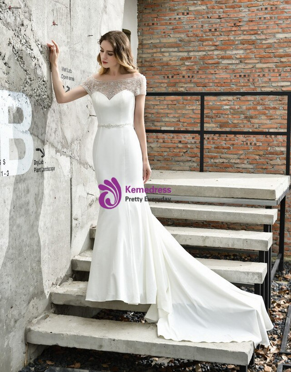 Polished Sexy White Mermaid Satin Bateau Beading Sequins Wedding Dress