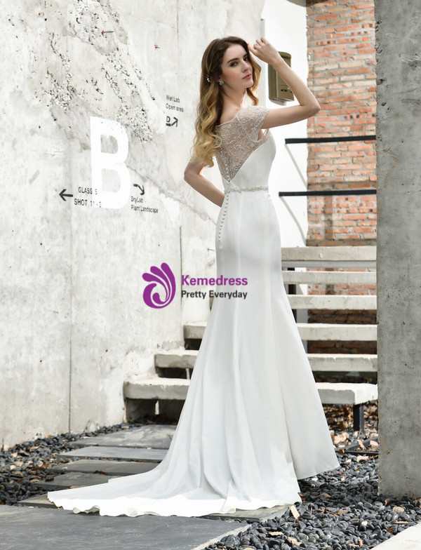 Polished Sexy White Mermaid Satin Bateau Beading Sequins Wedding Dress
