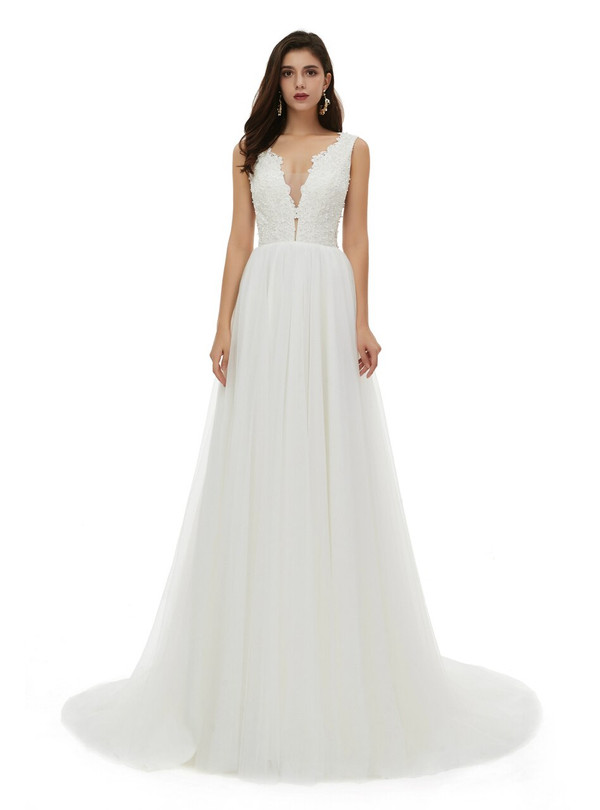 Brilliant White Tulle Lace Appliques V-neck Pearls Sleeveless Wedding Dress