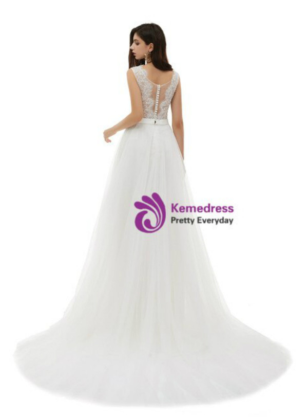Wonderful White Tulle Scoop Neck Lace Appliques Beading Beach Wedding Dress