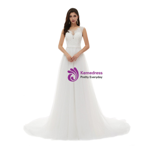 Wonderful White Tulle Scoop Neck Lace Appliques Beading Beach Wedding Dress