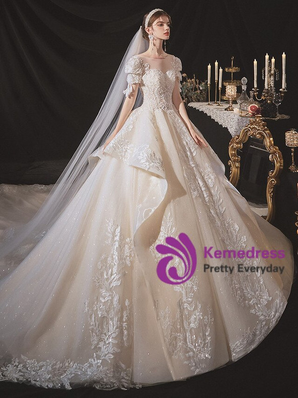 Fabulous Tulle Appliques Short Sleeve Beading Wedding Dress