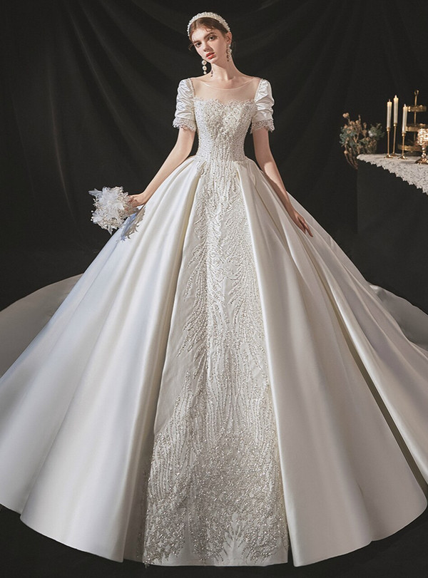 Dreamy Satin Short Sleeve Beading Appliques Pleats White Wedding Dress