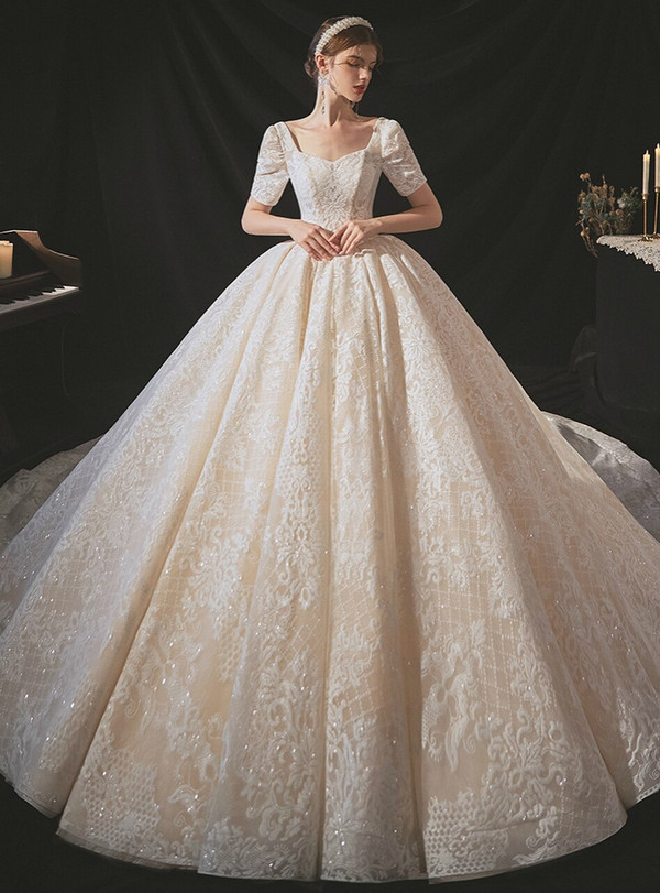 Delicate Champagne Tulle Appliques Sequins Short Sleeve Wedding Dress