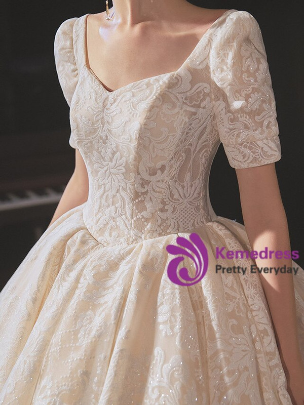 Delicate Champagne Tulle Appliques Sequins Short Sleeve Wedding Dress
