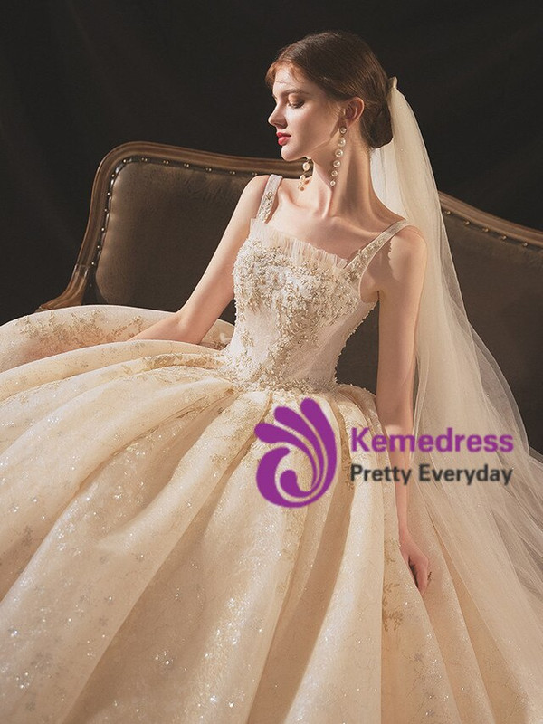 High quality Champagne Tulle Sequins Straps Beading Wedding Dress 