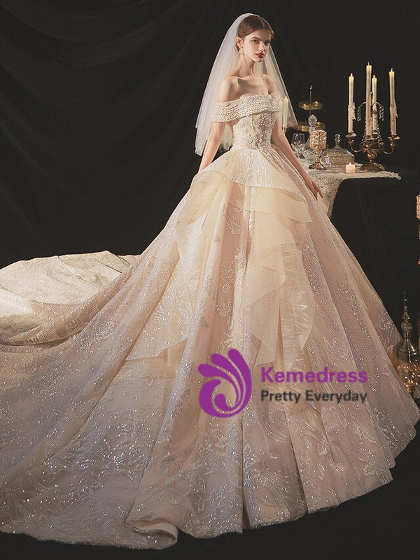 Popular Tulle Sequins Off the Shoulder Beading Champagne Wedding Dress