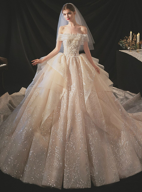 Popular Tulle Sequins Off the Shoulder Beading Champagne Wedding Dress