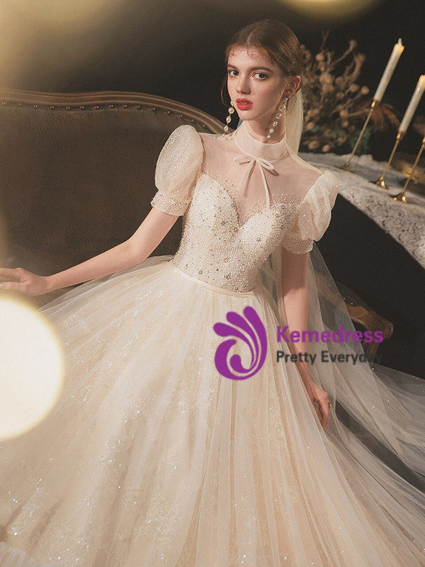 Distinctive Drak Champagne Tulle Short Sleeve High Neck Backless Beading Sequins Wedding Dress