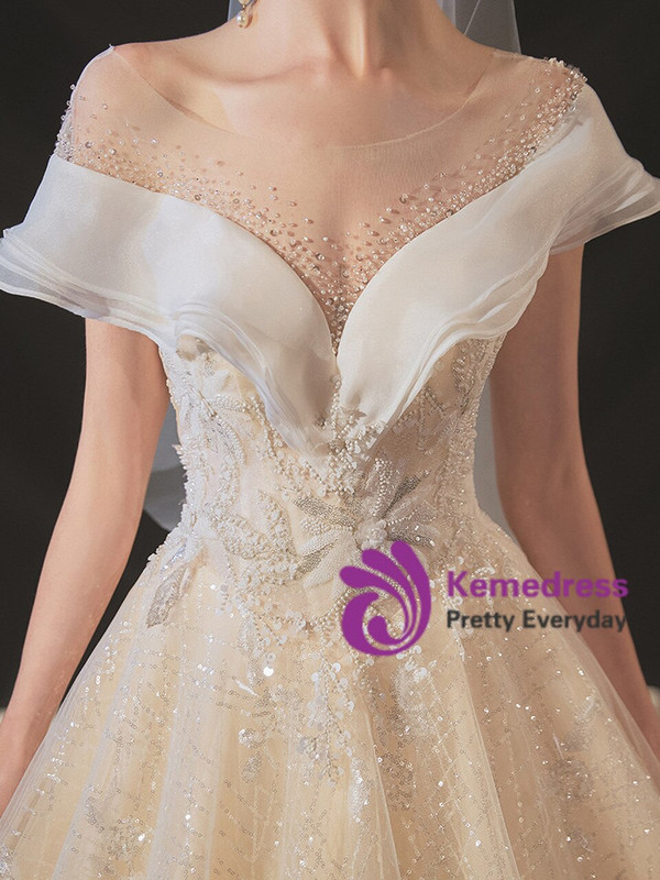 Exciting Champagne Bateau Tulle Sequins Cap Sleeve Backless Beading Wedding Dress