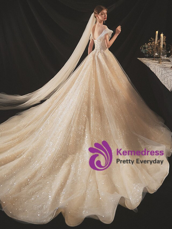 Exciting Champagne Bateau Tulle Sequins Cap Sleeve Backless Beading Wedding Dress