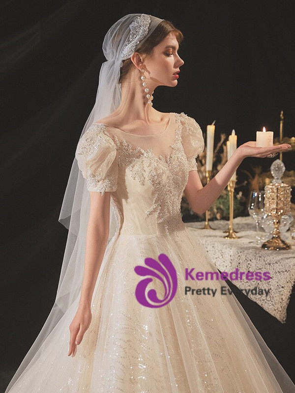 Dazzling Champagne Tulle Puff Sleeve Backless Beading Sequins Wedding Dress