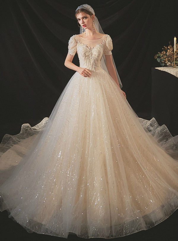 Dazzling Champagne Tulle Puff Sleeve Backless Beading Sequins Wedding Dress