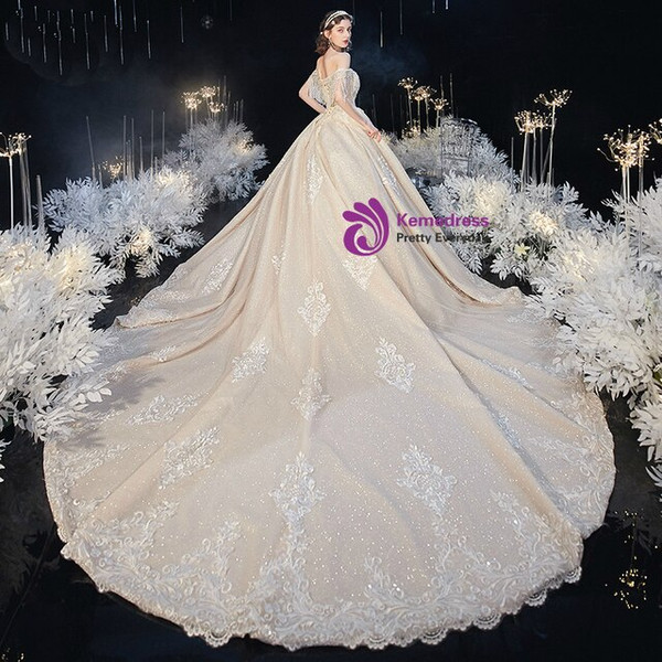 Splendid Champagne Tulle Sequins Off the Shoulder Lace Appliques Beading Wedding Dress