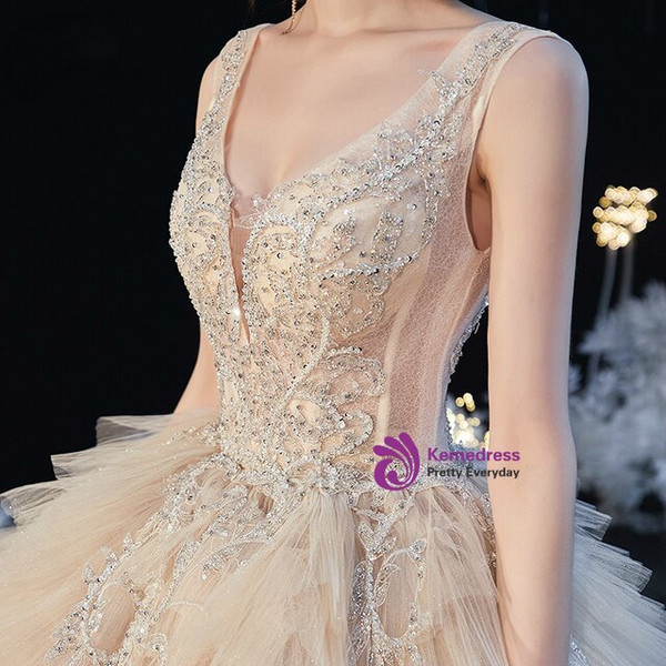 Shinning Dark Champagne V-neck Tulle Tiers Beading Wedding Dress