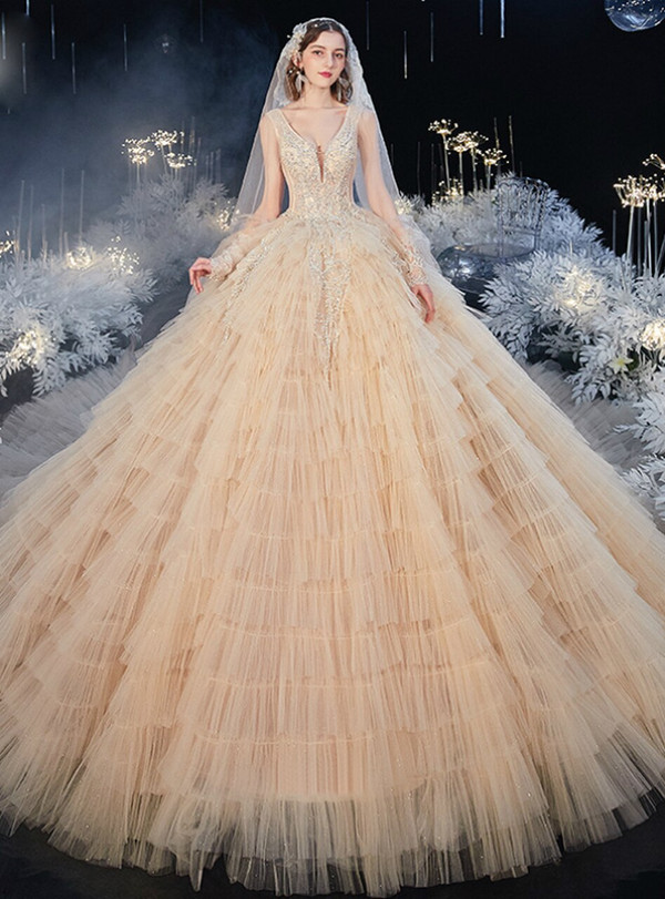 Shinning Dark Champagne V-neck Tulle Tiers Beading Wedding Dress