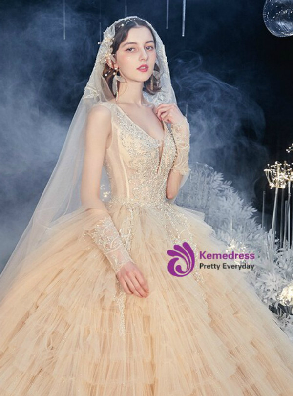 Shinning Dark Champagne V-neck Tulle Tiers Beading Wedding Dress