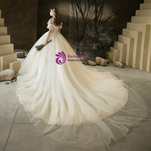 Polished Tulle Off the Shoulder Croset Beading Light Champagne Wedding Dress