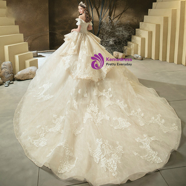 Tulle Lace Appliques Off the Shoulder Beading Short Sleeve Wedding Dress