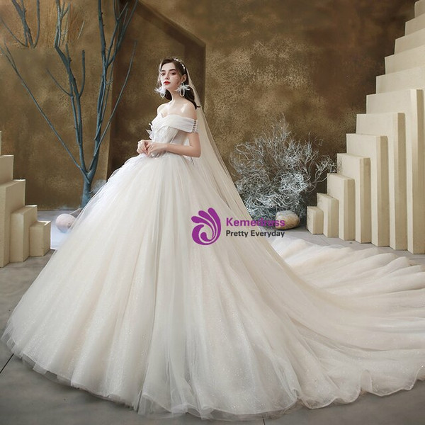 Impressive Tulle Off the Shoulder Pleats Beading Wedding Dress With Train