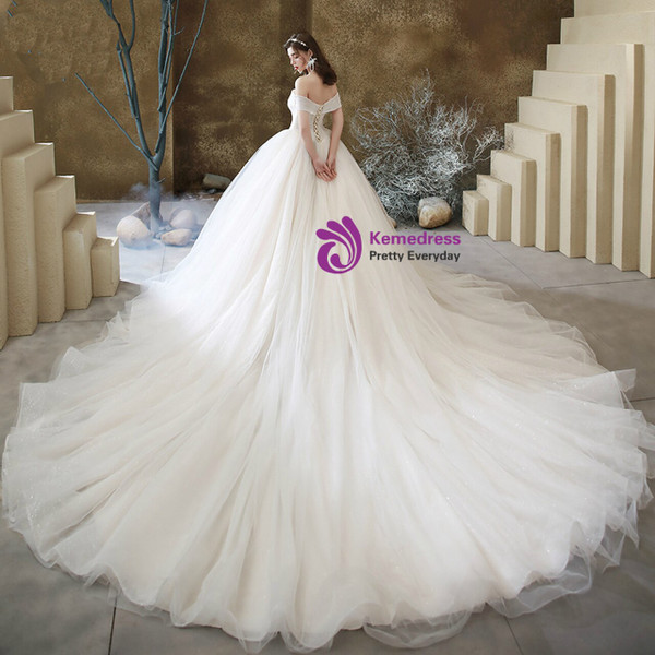 Impressive Tulle Off the Shoulder Pleats Beading Wedding Dress With Train