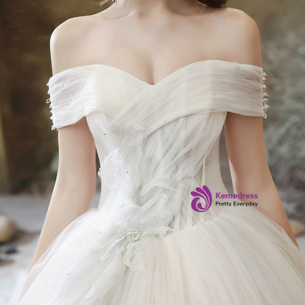 Impressive Tulle Off the Shoulder Pleats Beading Wedding Dress With Train