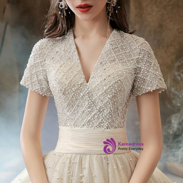 High quality Champagne Tulle V-neck Short Sleeve Beading Pearls Wedding Dress