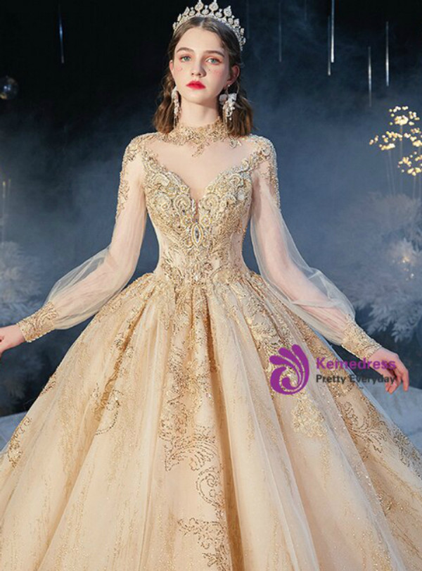 Champagne Tulle High Neck Long Sleeve Appliques Beading Wedding Dress