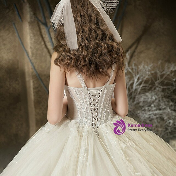Tulle Straps Beading Sleeveless Champagne Wedding Dress With Train