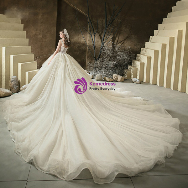 Tulle Straps Beading Sleeveless Champagne Wedding Dress With Train