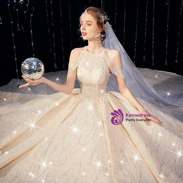 Modest Tulle Sequins Halter Beading Backless Champagne Wedding Dress