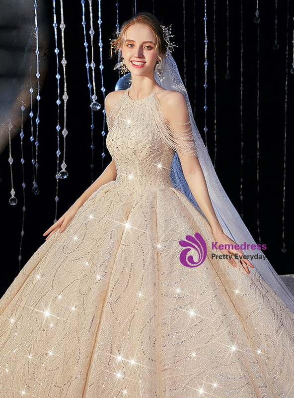 Modest Tulle Sequins Halter Beading Backless Champagne Wedding Dress