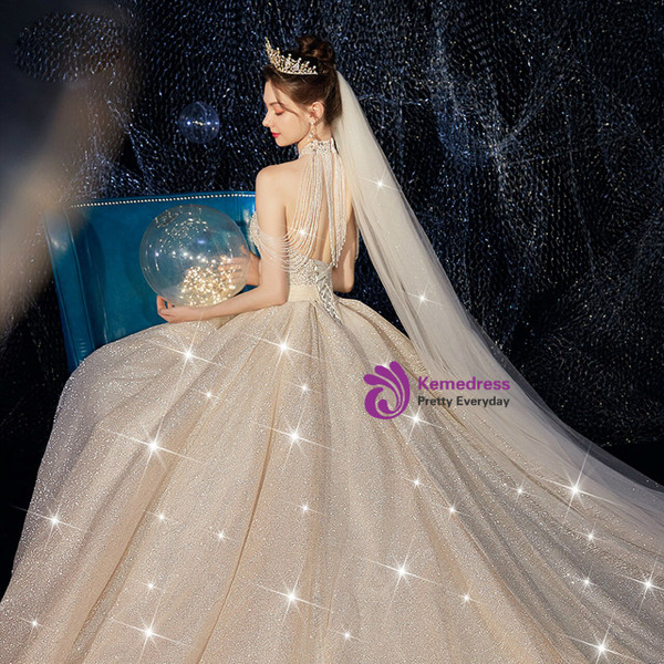 Luxury Dark Champagne Halter Tulle Sequins Beading Wedding Dress