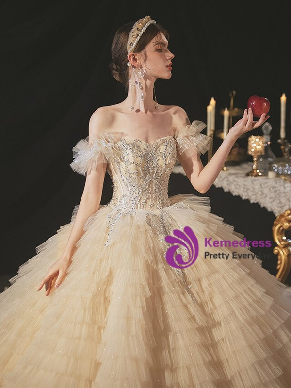 Tulle Tiers Off the Shoulder Beading Sequins Dark Champagne Wedding Dress 