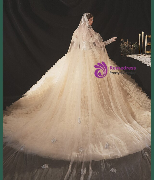 Tulle Tiers Off the Shoulder Beading Sequins Dark Champagne Wedding Dress 