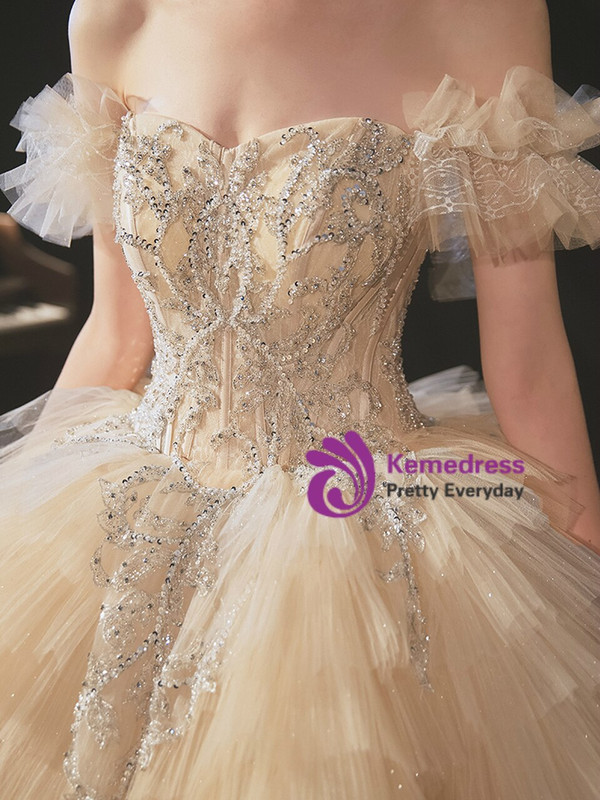 Tulle Tiers Off the Shoulder Beading Sequins Dark Champagne Wedding Dress 