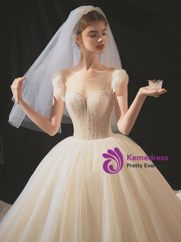 Champagne Ball Gown Tulle Cap Sleeve Beading Sequins Wedding Dress