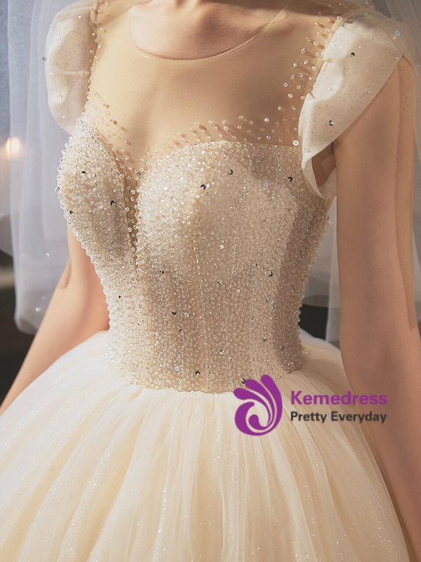 Champagne Ball Gown Tulle Cap Sleeve Beading Sequins Wedding Dress