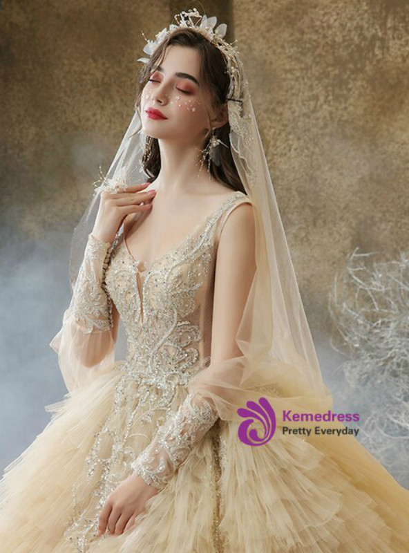 Fancy Dark Champagne Corset Tulle Tiers V-neck Beading Wedding Dress